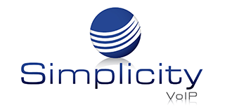 Logo for Simplicity VoIP: Blue sphere with white curved lines, 