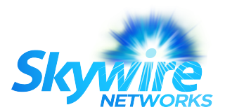 Skywire Networks logo with blue text and a blue burst of light.