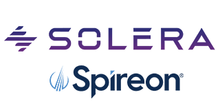 Solera and Spireon logos, Solera in purple, Spireon in blue.