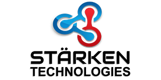 Logo of Stärken Technologies, a tech company. The logo has a blue and red abstract design above the company name in black.