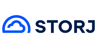 Storj logo: Blue cloud icon with a blue arch over it, next to the word 
