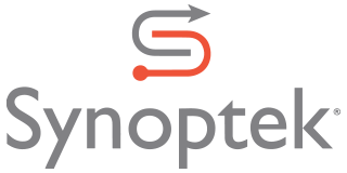 Synoptek logo with an S-shaped symbol and text. The symbol is grey and orange with an arrow.