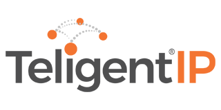 Teligent IP logo with orange and gray dots and text.