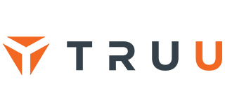 Logo of the company TRUU. The logo contains a symbol of a triangle with orange edges and gray letters.