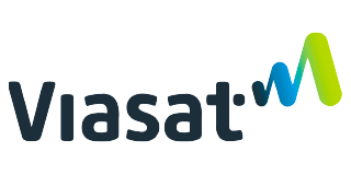 Viasat logo with dark blue text and a stylized wave graphic in blue and green.