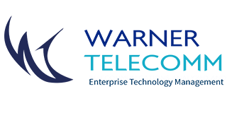 Logo for Warner Telecom: Blue abstract design with company name in blue and teal; 