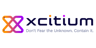 Logo for Xcitium, with an abstract linked shape in orange and purple, the company name, and a tagline.