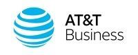 AT&T Business logo: blue globe with white stripes, next to black text.