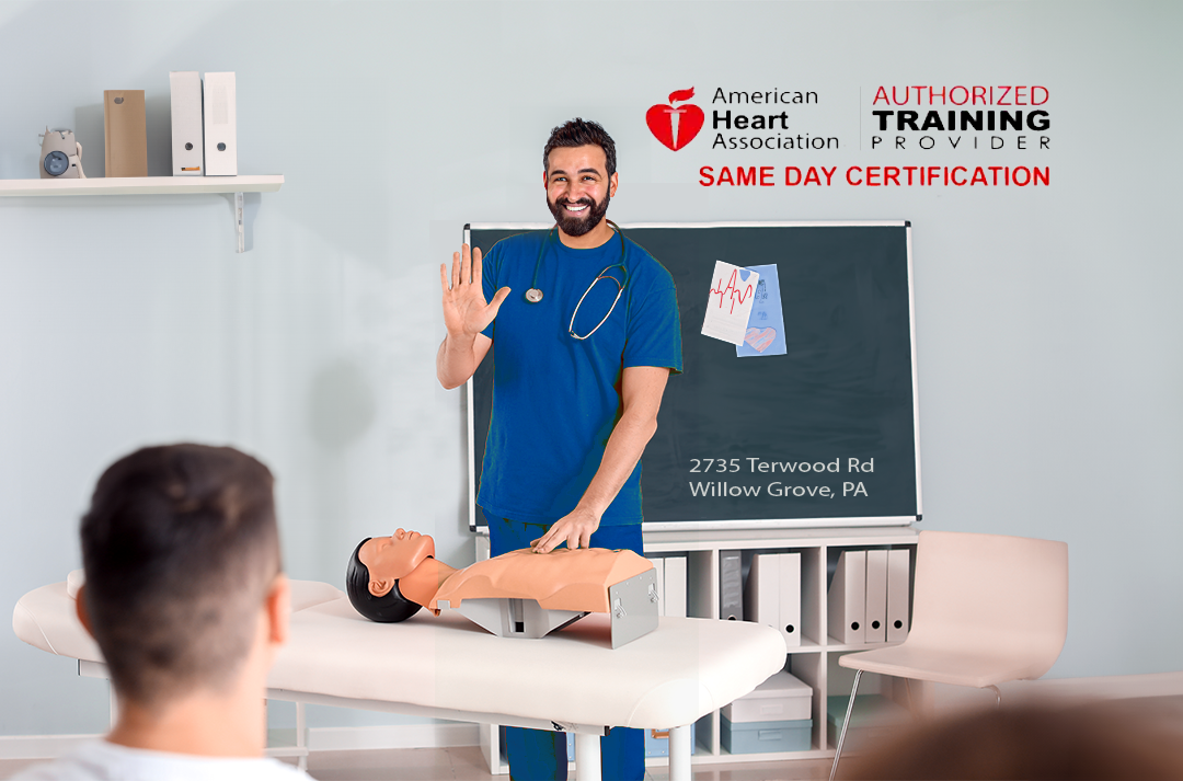 Man in scrubs demonstrates CPR & BLS on a mannikin, training room, Same Day Certification. Willow Grove CPR