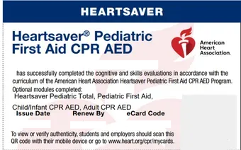 a heartsaver pediatric first aid cpr aed card