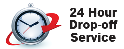 Clock with a red arrow, indicating a 24-hour drop-off service.
