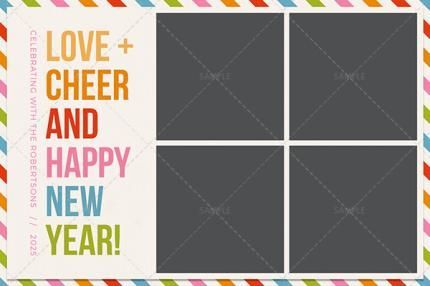 A new year 's greeting card with four pictures and the words `` love + cheer and happy new year ''.