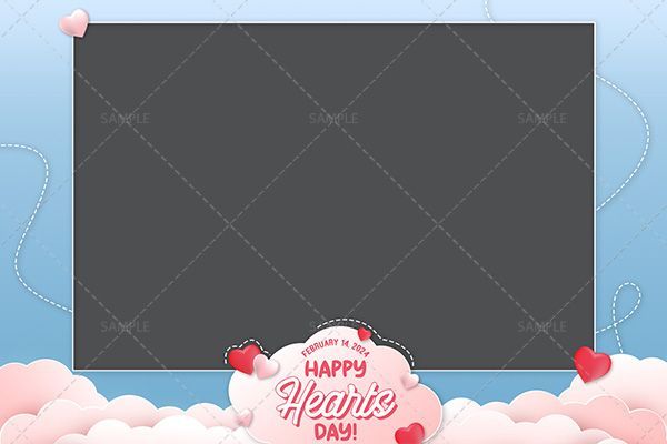 A happy valentine 's day frame with pink clouds and hearts.