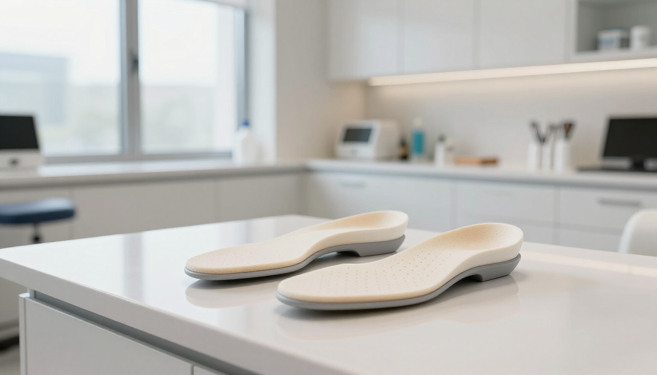 A pair of custom-made orthotic shoe inserts showing ergonomic arch support.