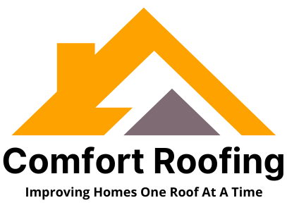 Logo for Comfort Roofing: Red and blue roof graphic, company name, tagline.