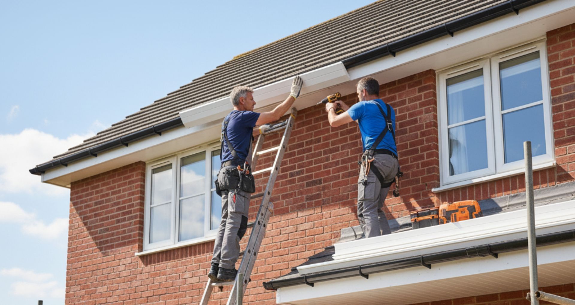 Two workers installing soffit on a brick house under a blue sky. One on a ladder, the other using a drill.