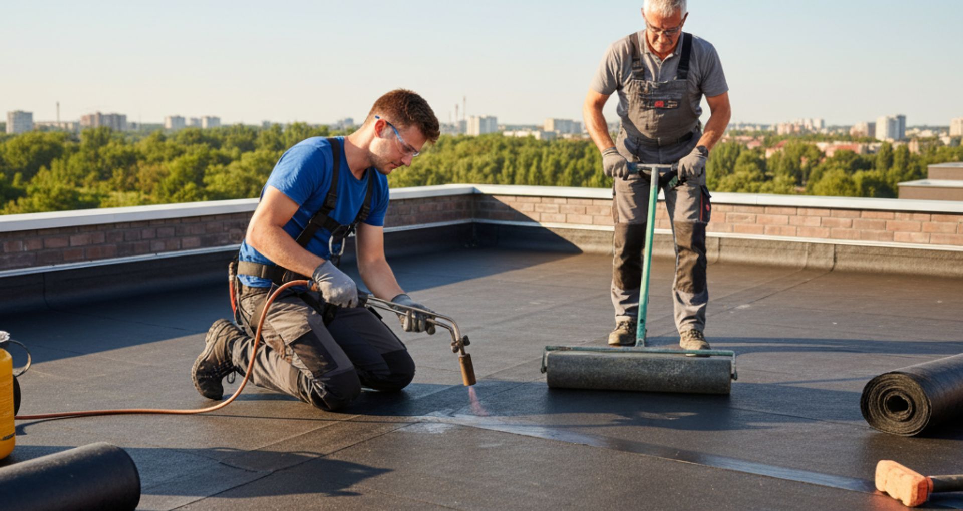 Two roofers torching and rolling roofing material on a flat roof.
