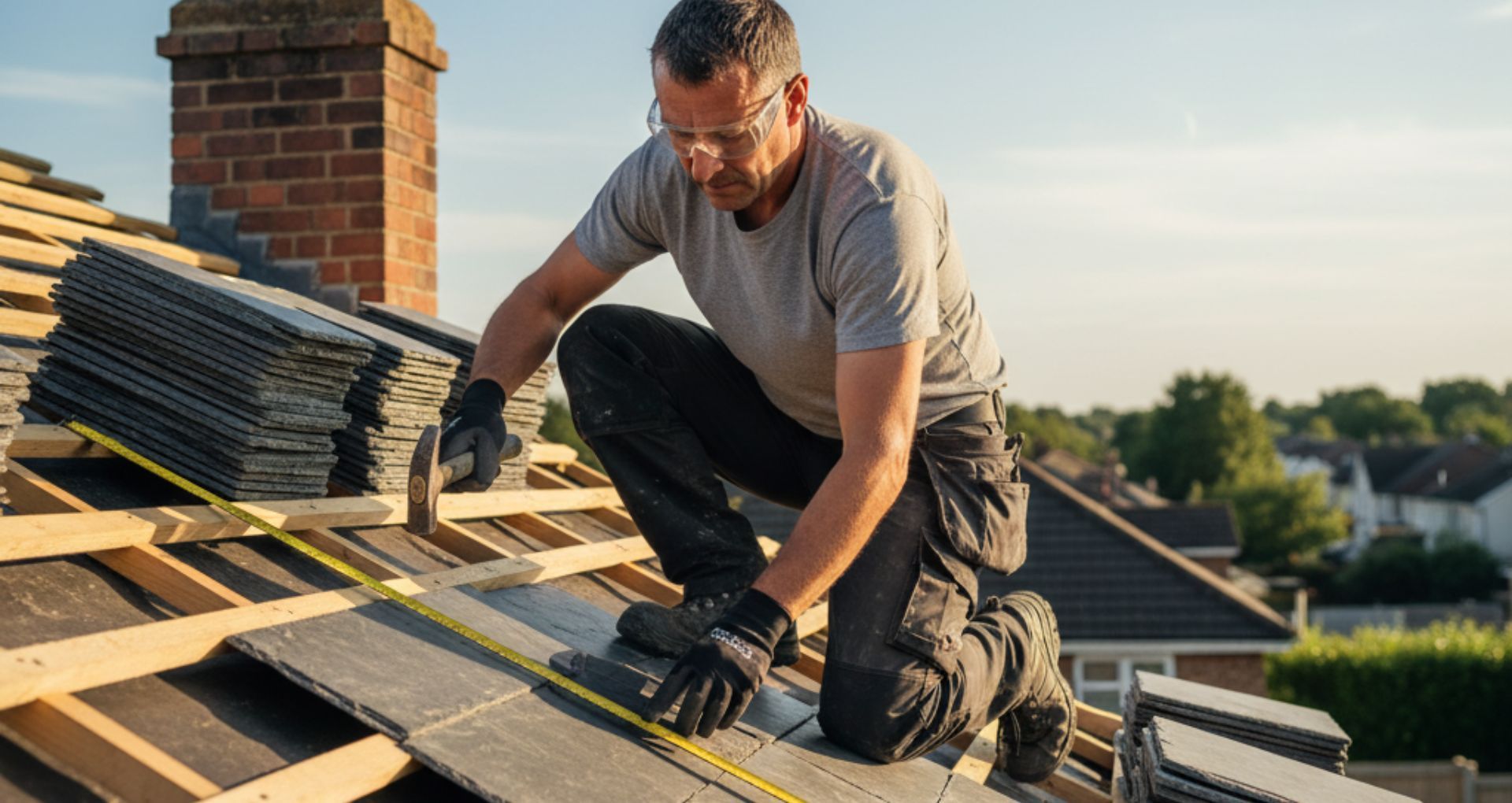 Roofer kneeling on a roof, installing tiles. A stack of tiles and a chimney are in the background.