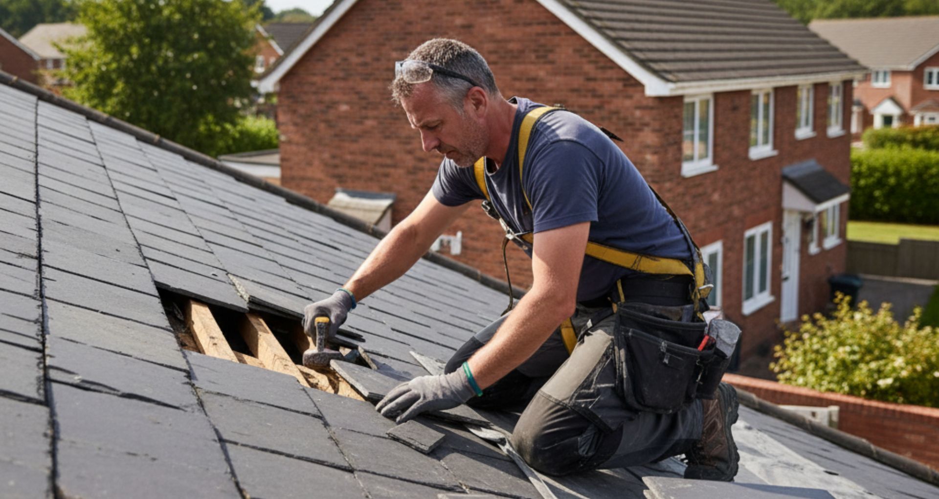 Roofer kneeling on a roof, installing dark gray tiles, wearing safety harness and gloves, in a residential area.