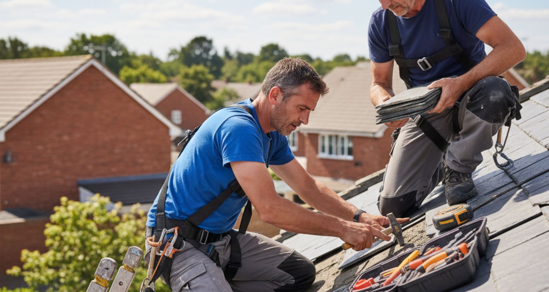 Two workers on a rooftop, installing solar panels, sunny day.