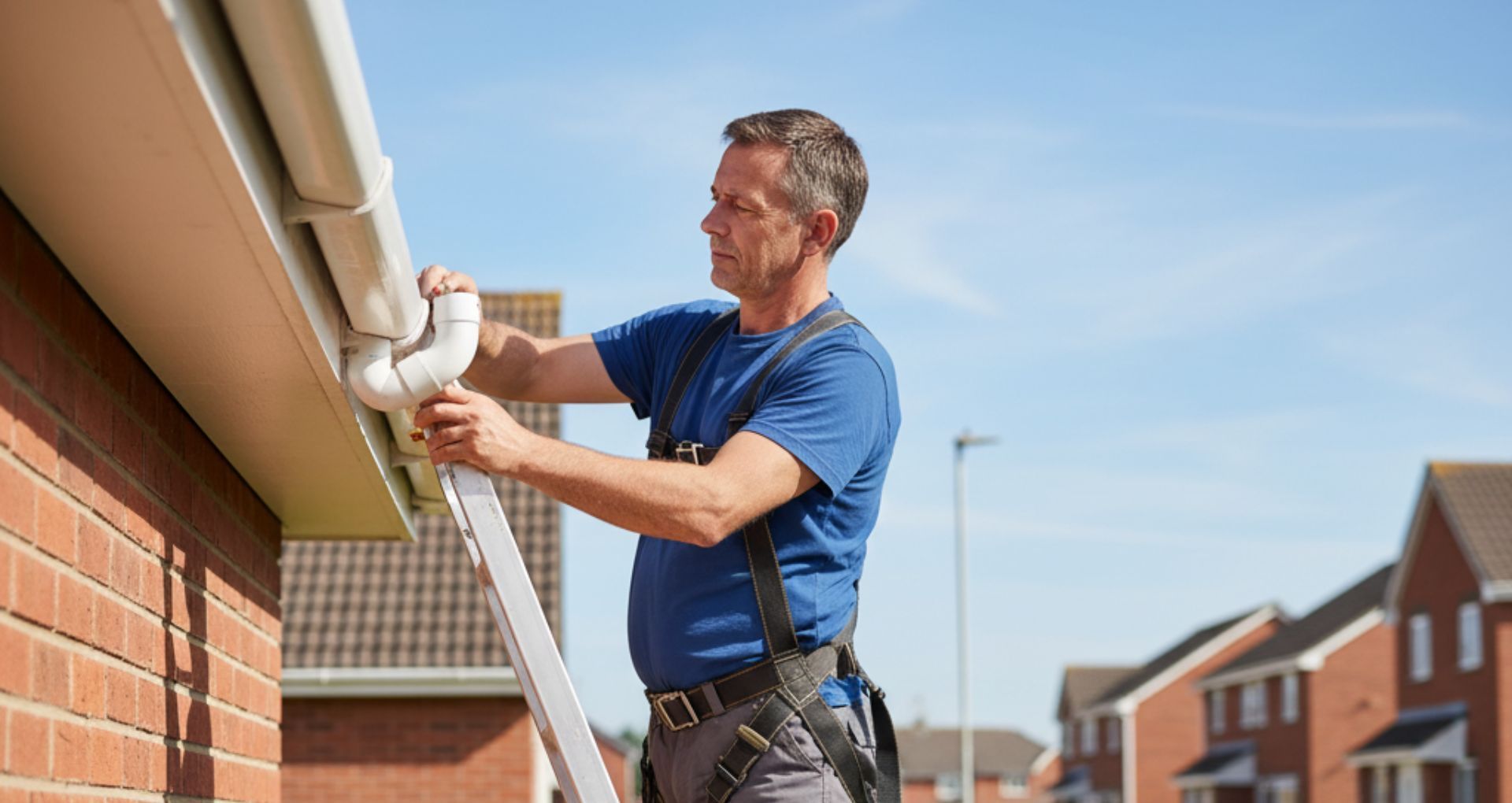 Man on ladder fixing a white gutter, red brick house exterior, sunny day.
