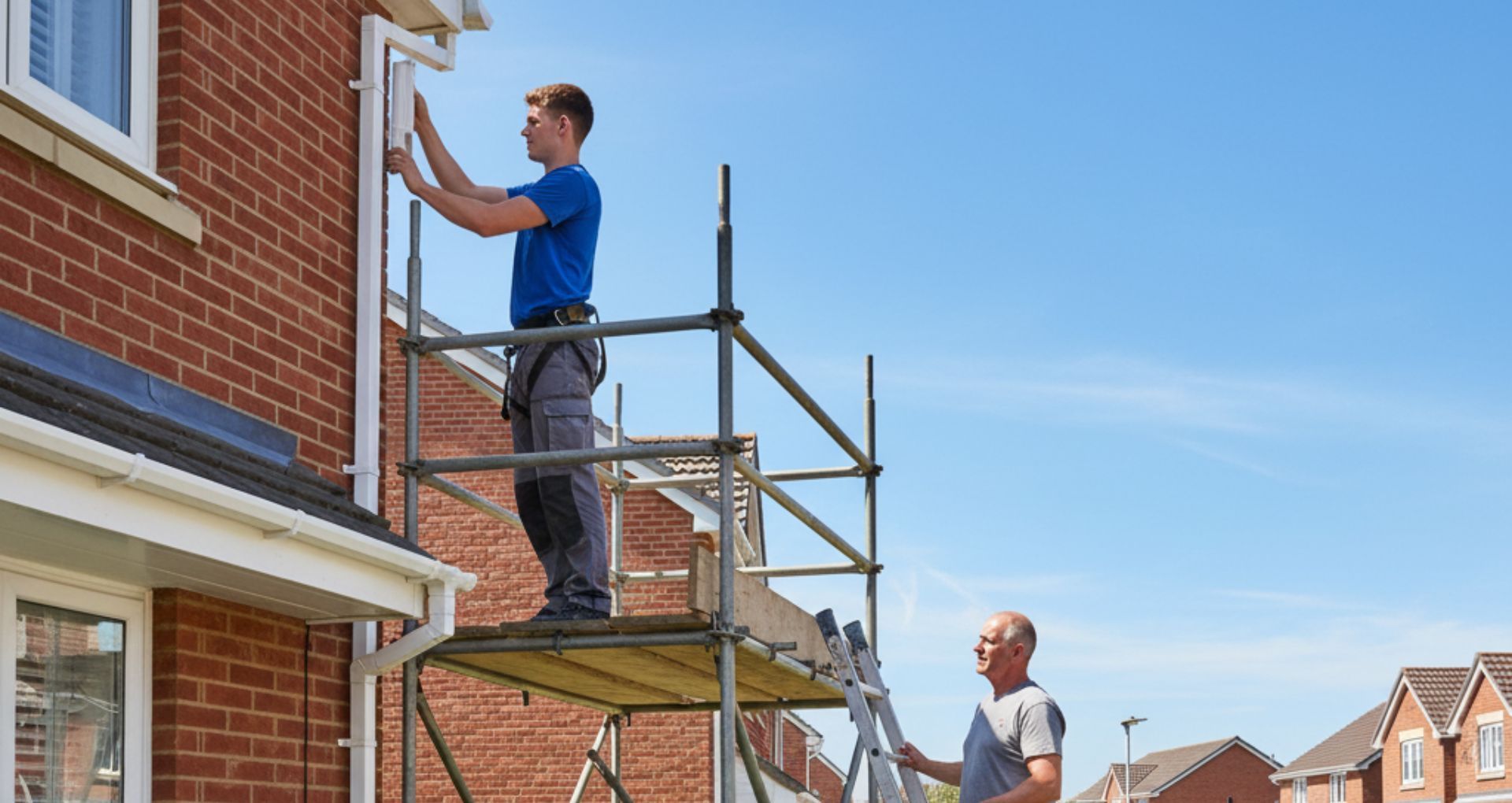 Two workers on scaffolding installing guttering on a brick house. Sunny, blue sky.
