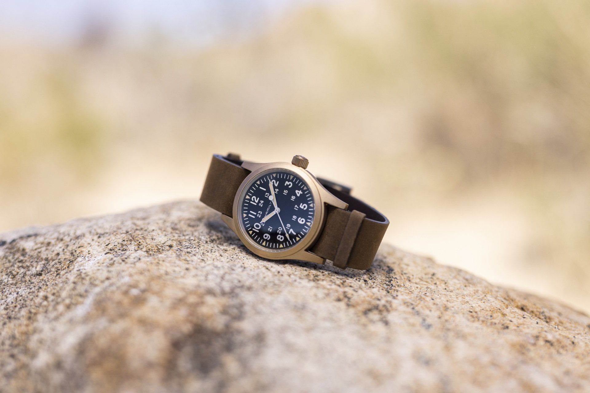 Orologio da polso marrone appoggiato su una roccia all'aperto, con uno sfondo sabbioso sfocato.