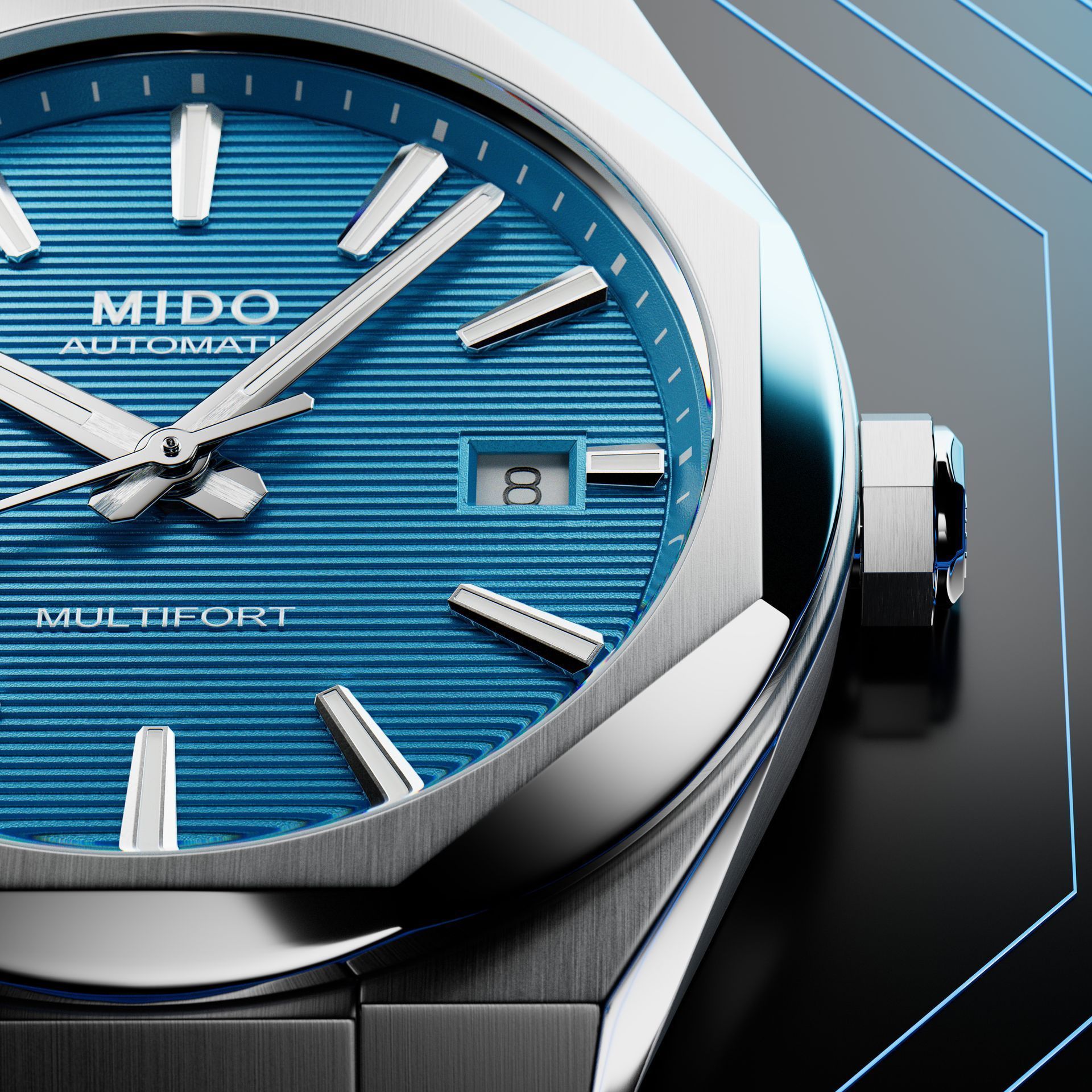 Primo piano di un orologio da polso Mido Multifort blu con indici argentati e datario.