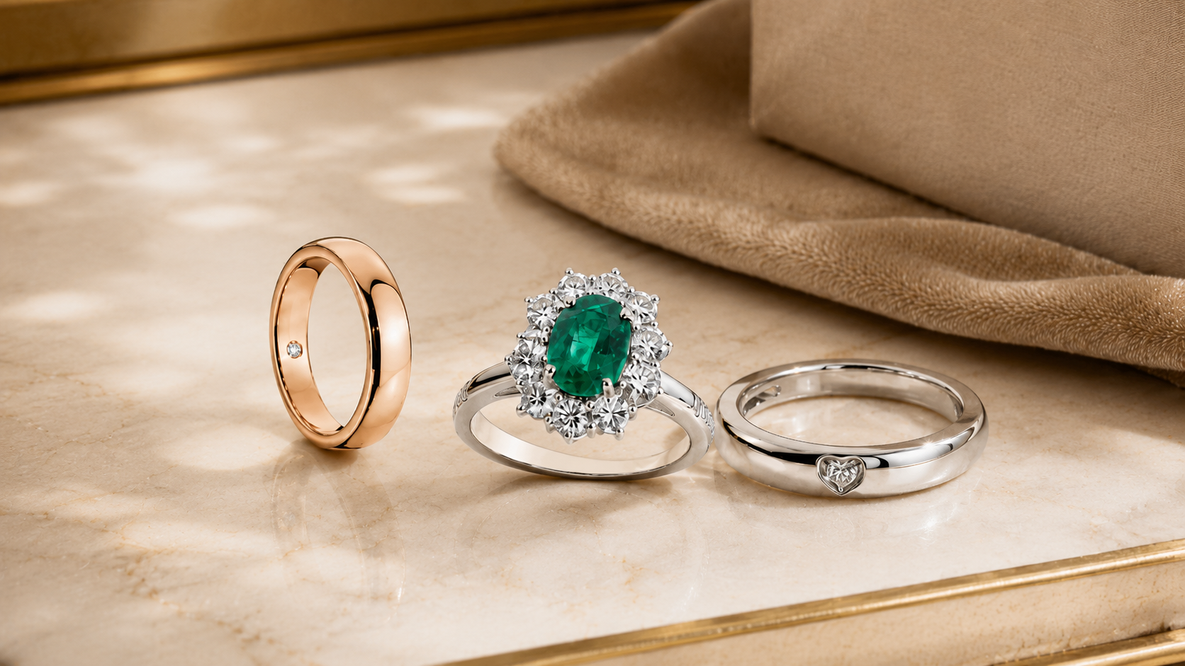 Pubblicità di gioielli Damiani che mostra tre anelli su una superficie di raso beige, tra cui un anello con una pietra preziosa verde.