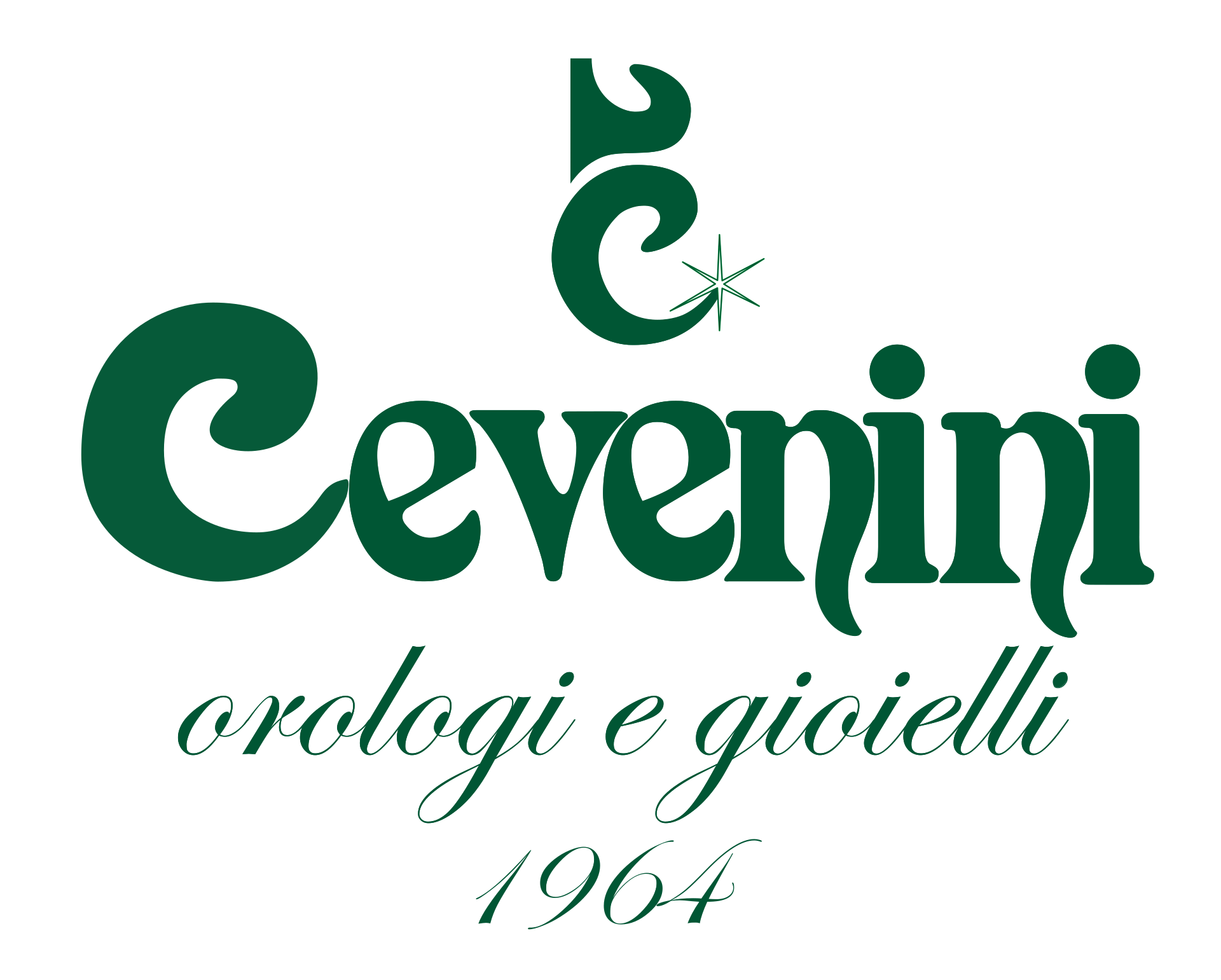 Logo Cevini in verde scuro con la scritta “orologi e gioielli” e “1904” su sfondo bianco.
