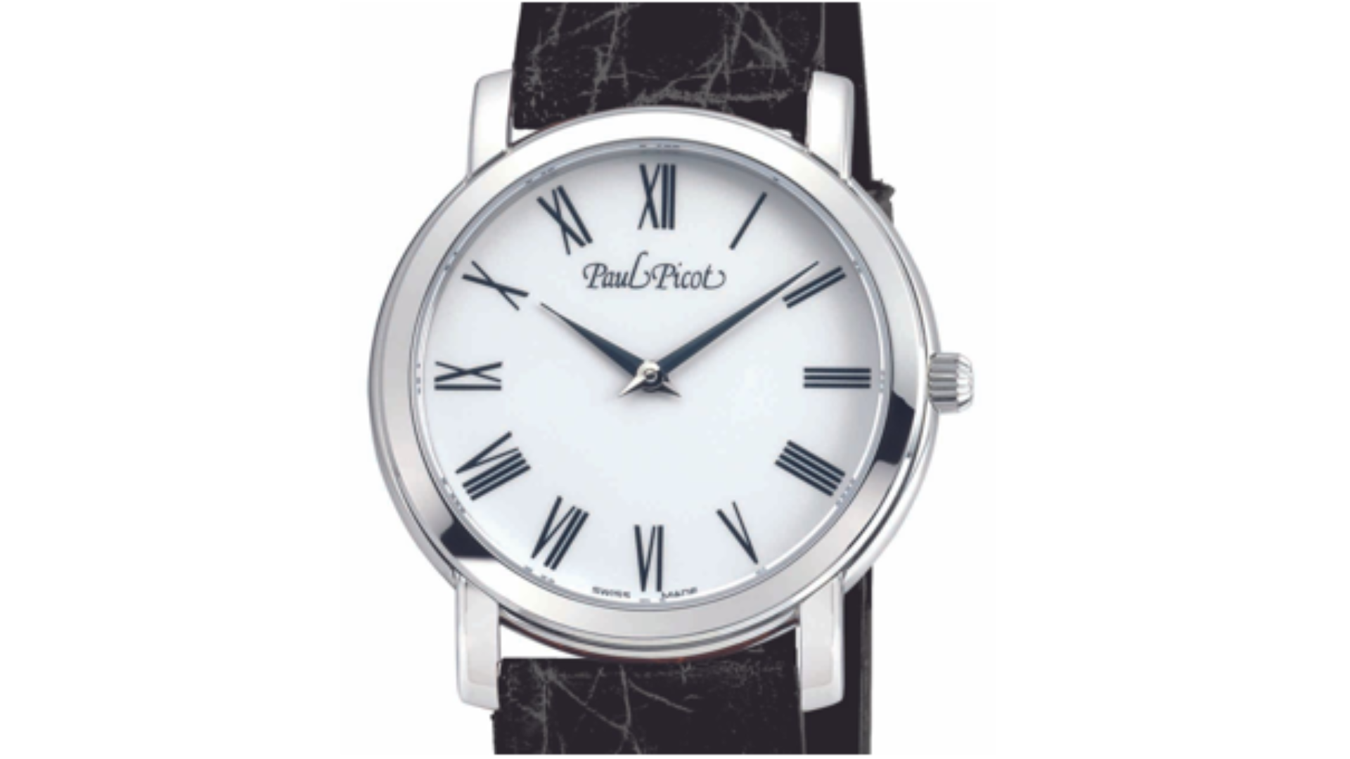 Orologio da polso color argento con quadrante bianco, numeri romani e cinturino in pelle nera.