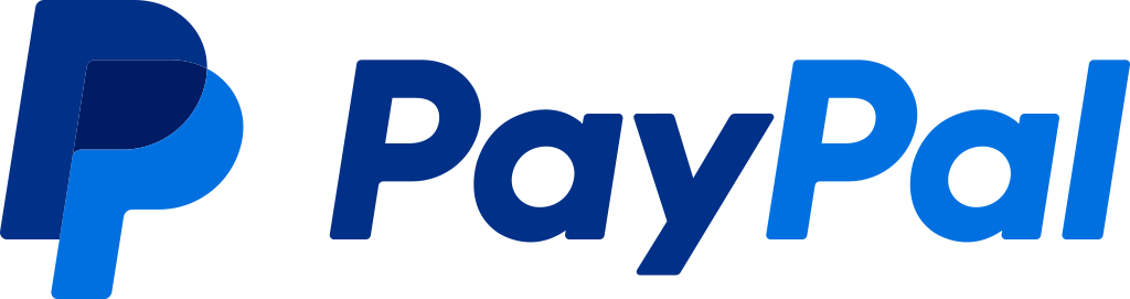 Logo PayPal in testo blu con icona P stilizzata in blu.