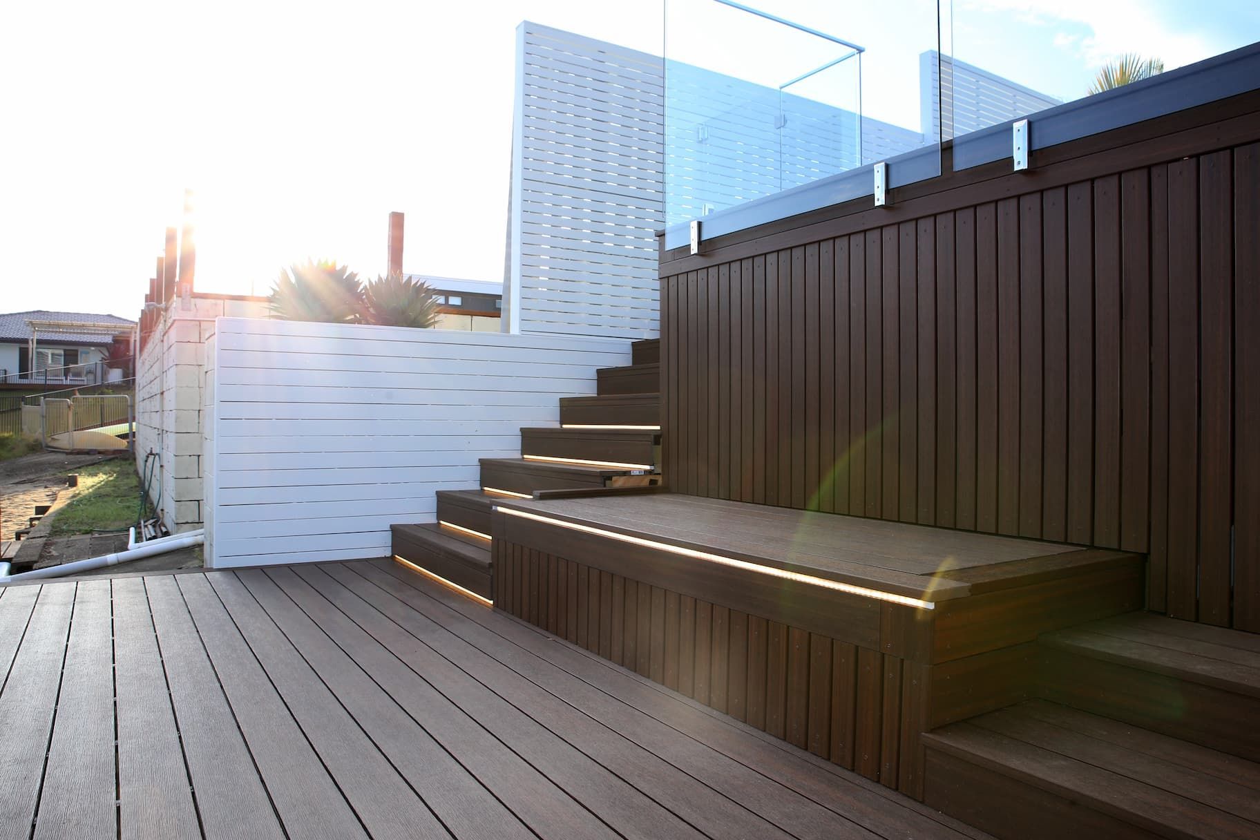 Strip lights in a stair case and deck