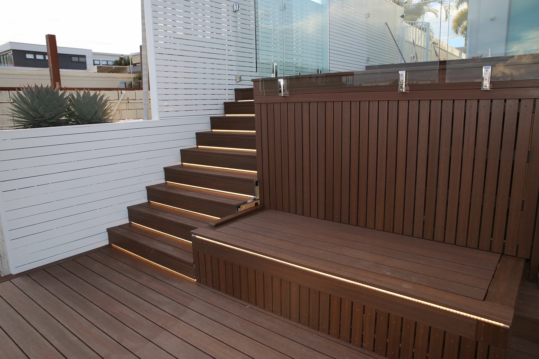 Strip lighting in a stair case and seat 