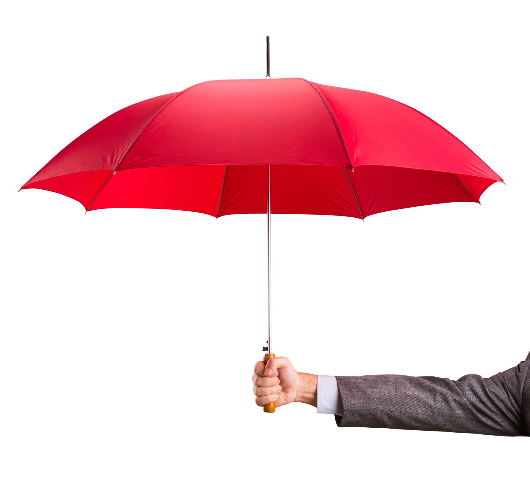 Businessman holding a red umbrella, symbolizing an insurance agency in St. Cloud, MN.