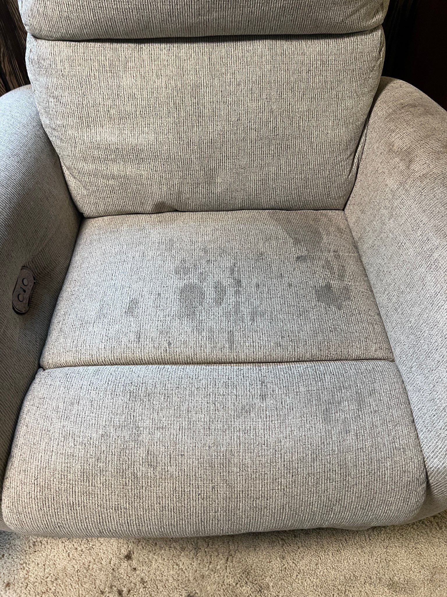 A close up of a chair with a zebra print on it.