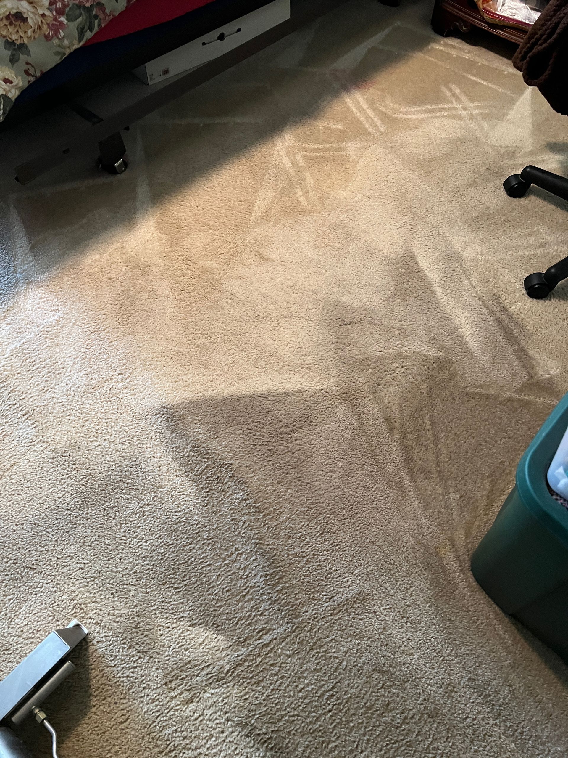 A bedroom with a carpeted floor and a chair.