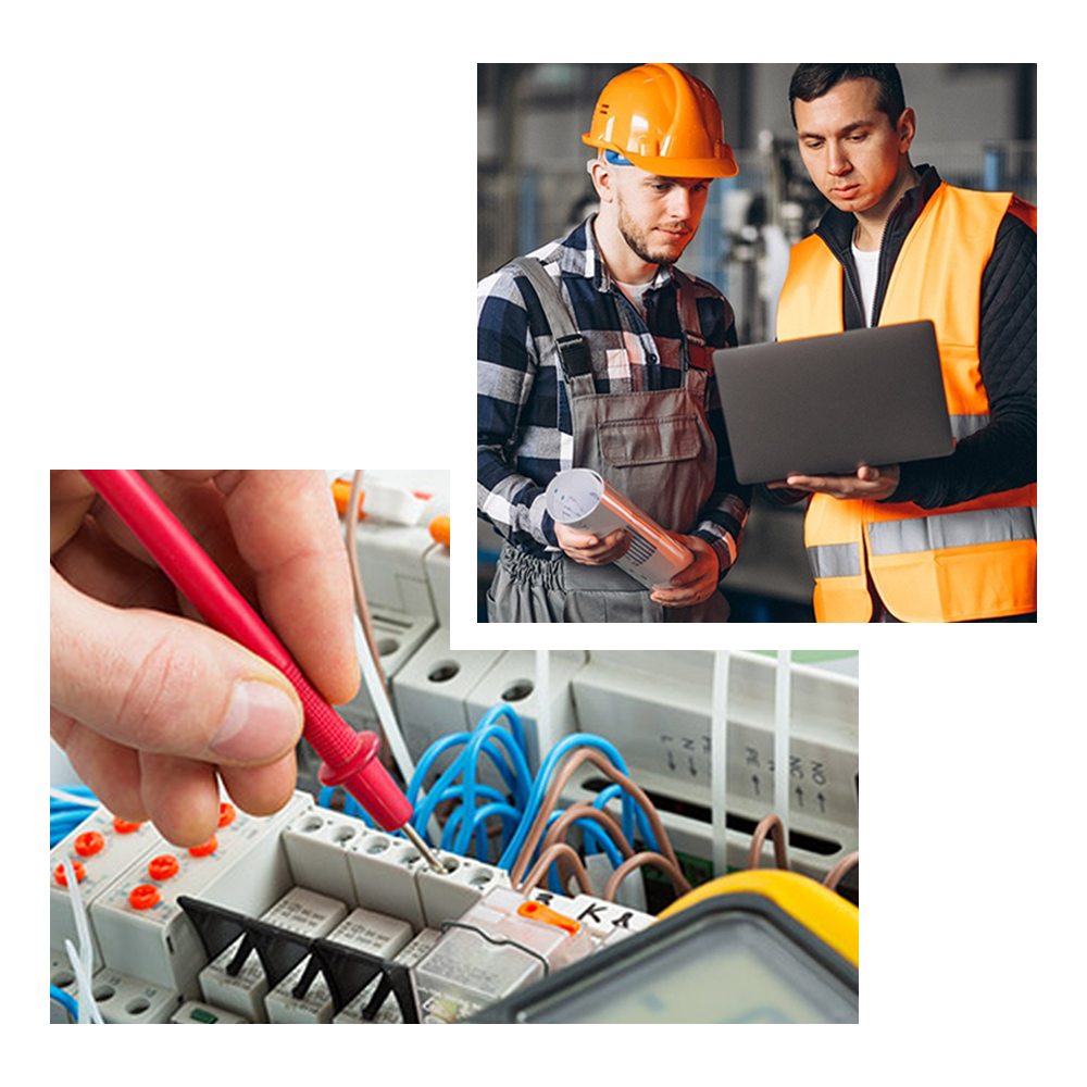 Electricians in safety gear inspecting electrical panel, one using a multimeter, another looking at a laptop.