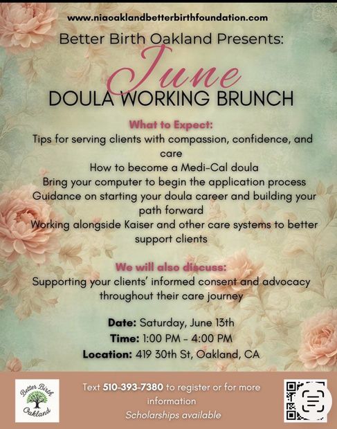 Books by Samsarah Morgan Flyer for a Doula Working Brunch in Oakland, CA. Includes details on becoming a Med-Cal doula and how to work with Kaiser.