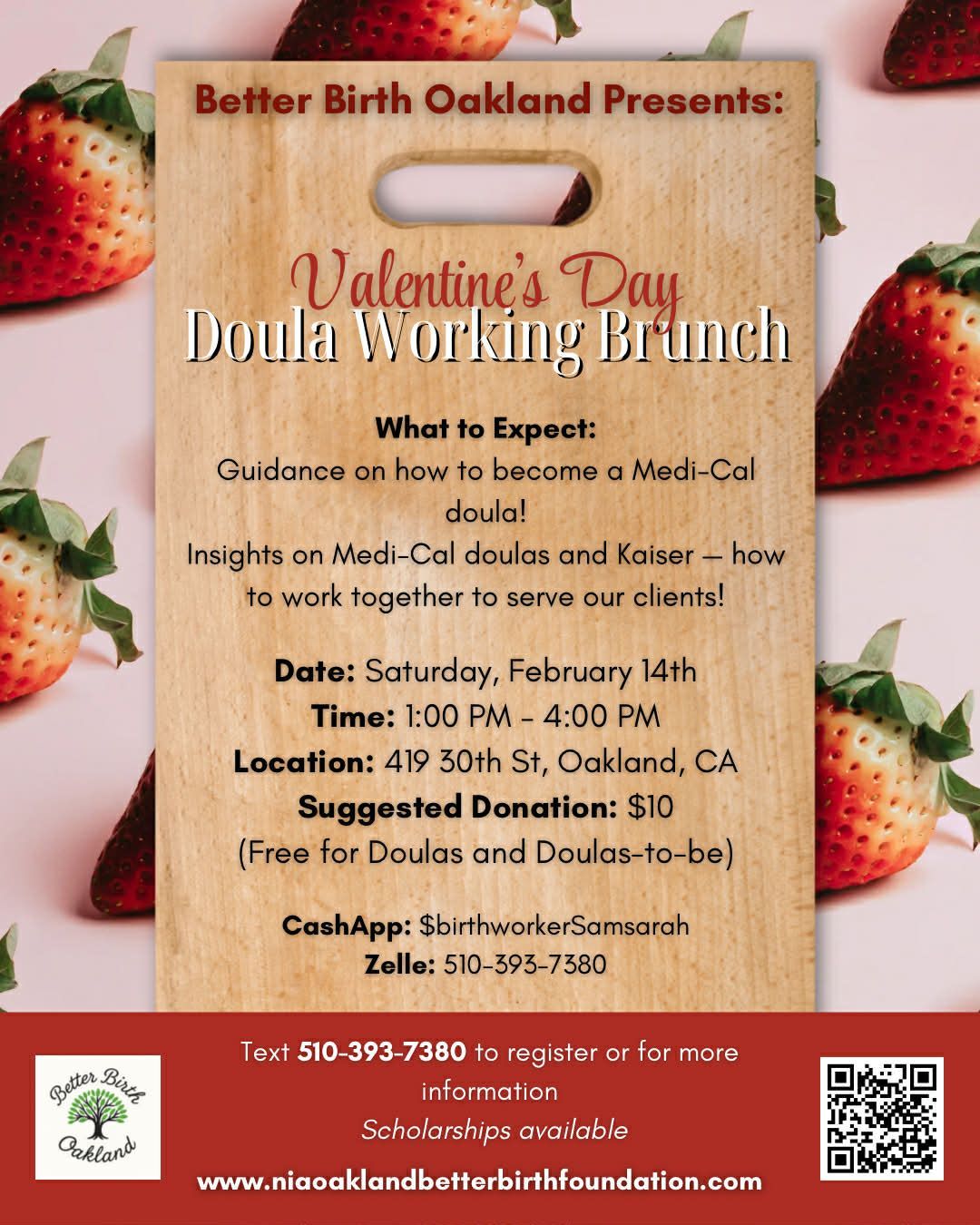 Flyer for a Doula Working Brunch in Oakland, CA.  Includes details on becoming a Med-Cal doula and how to work with Kaiser.
