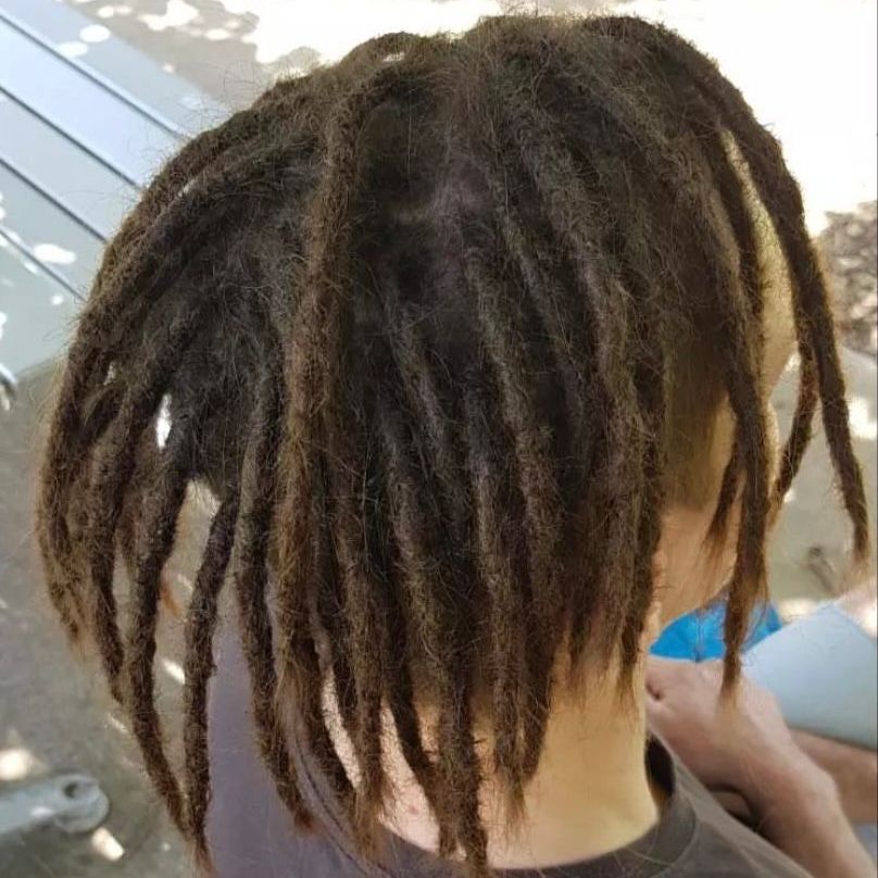 male dreads, short locks, thin crocheted dreadlocks, hippy dude