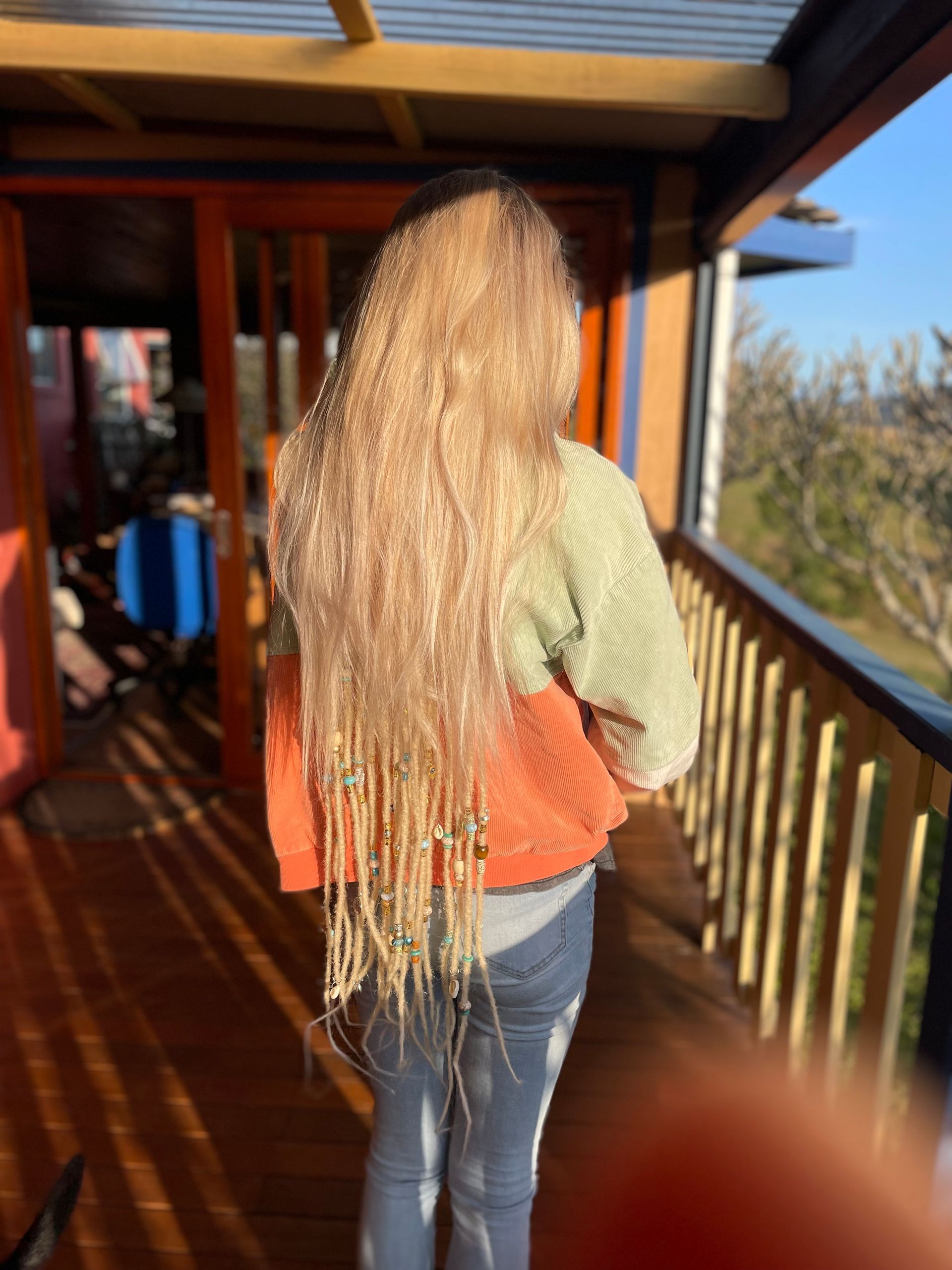 extra long blonde braided in temporary dreadlocks, nordic style, dread beads and accessories