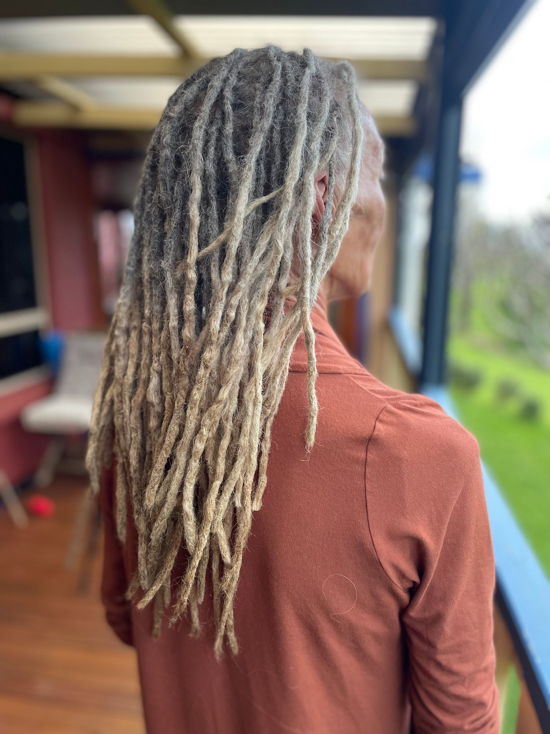 mature grey dreads with blunted ends after maintenance