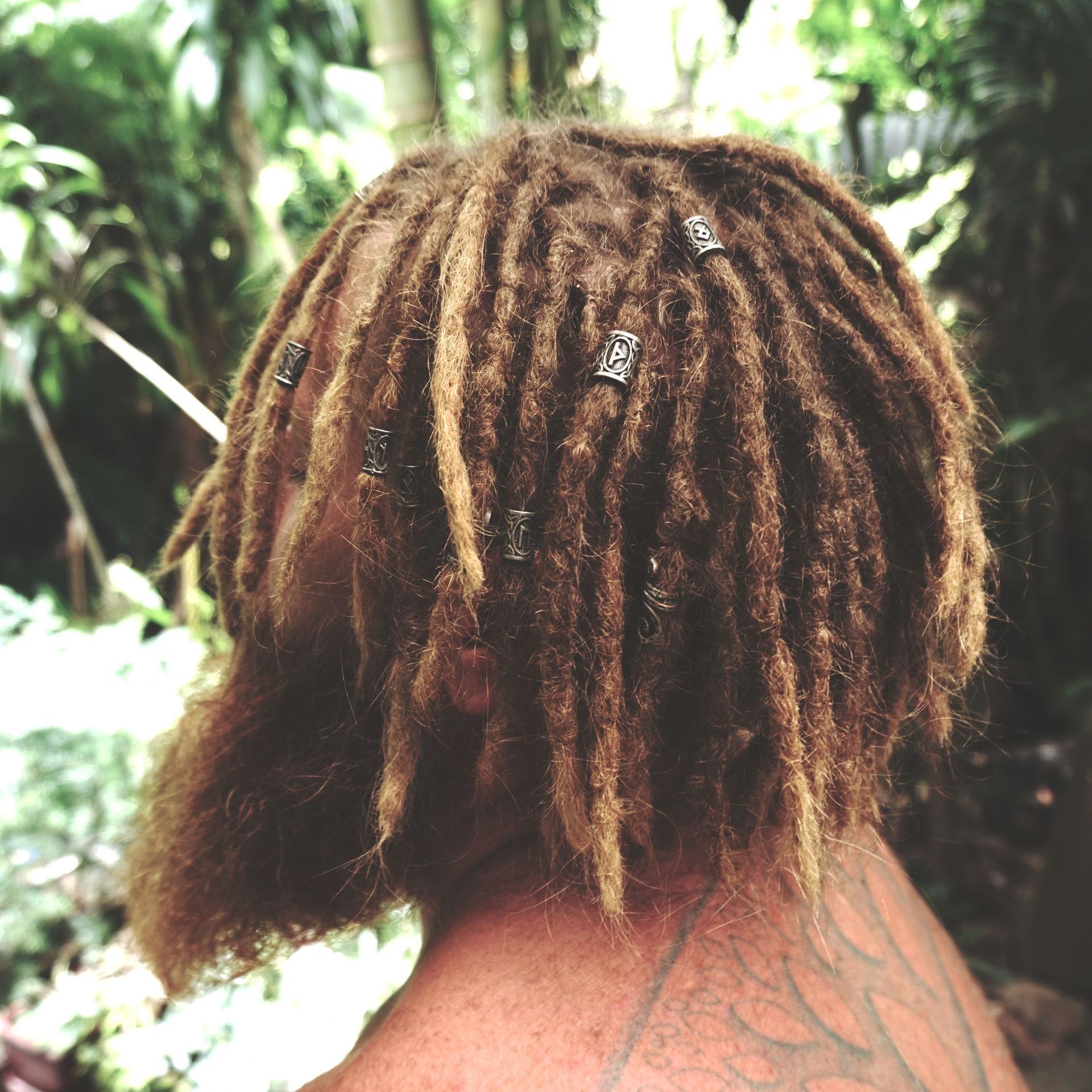 hippy dreads, surfer dreads, neat thin blunted crocheted dreadlocks, viking style, bearded dreads