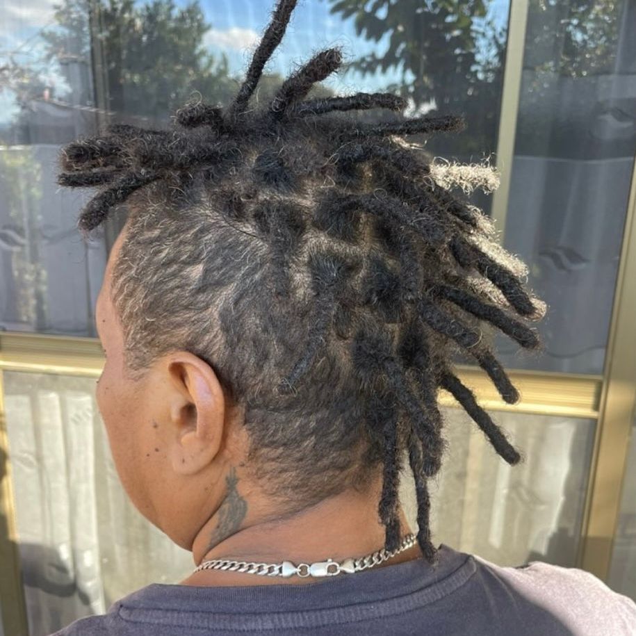 Short blunted dread mohawk, ethnic style, afro hair, new dreads, shaved sides