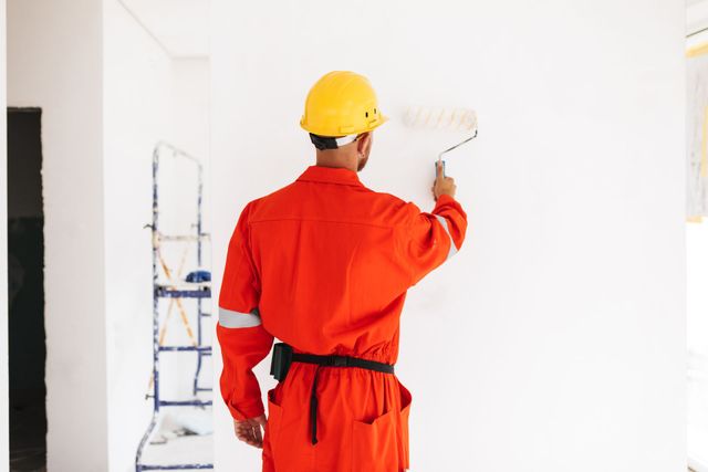 a man in an orange jumpsuit is painting a wall with a roller .