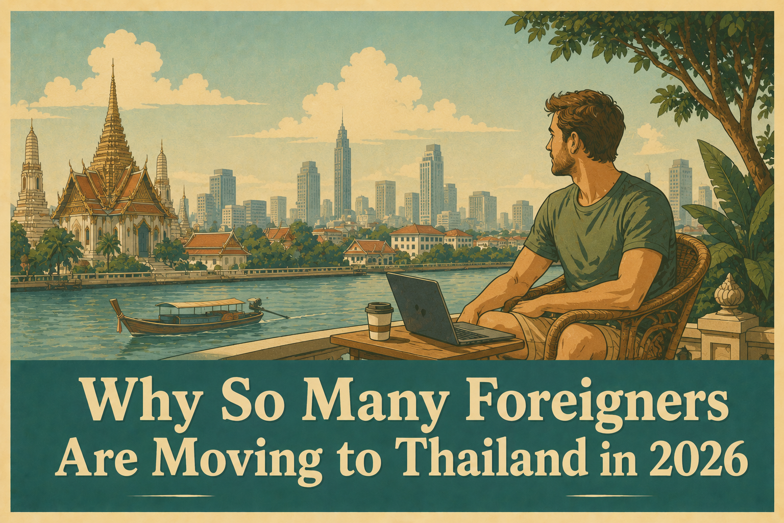 Travel illustration showing why expats and digital nomads are moving to Thailand in 2026.