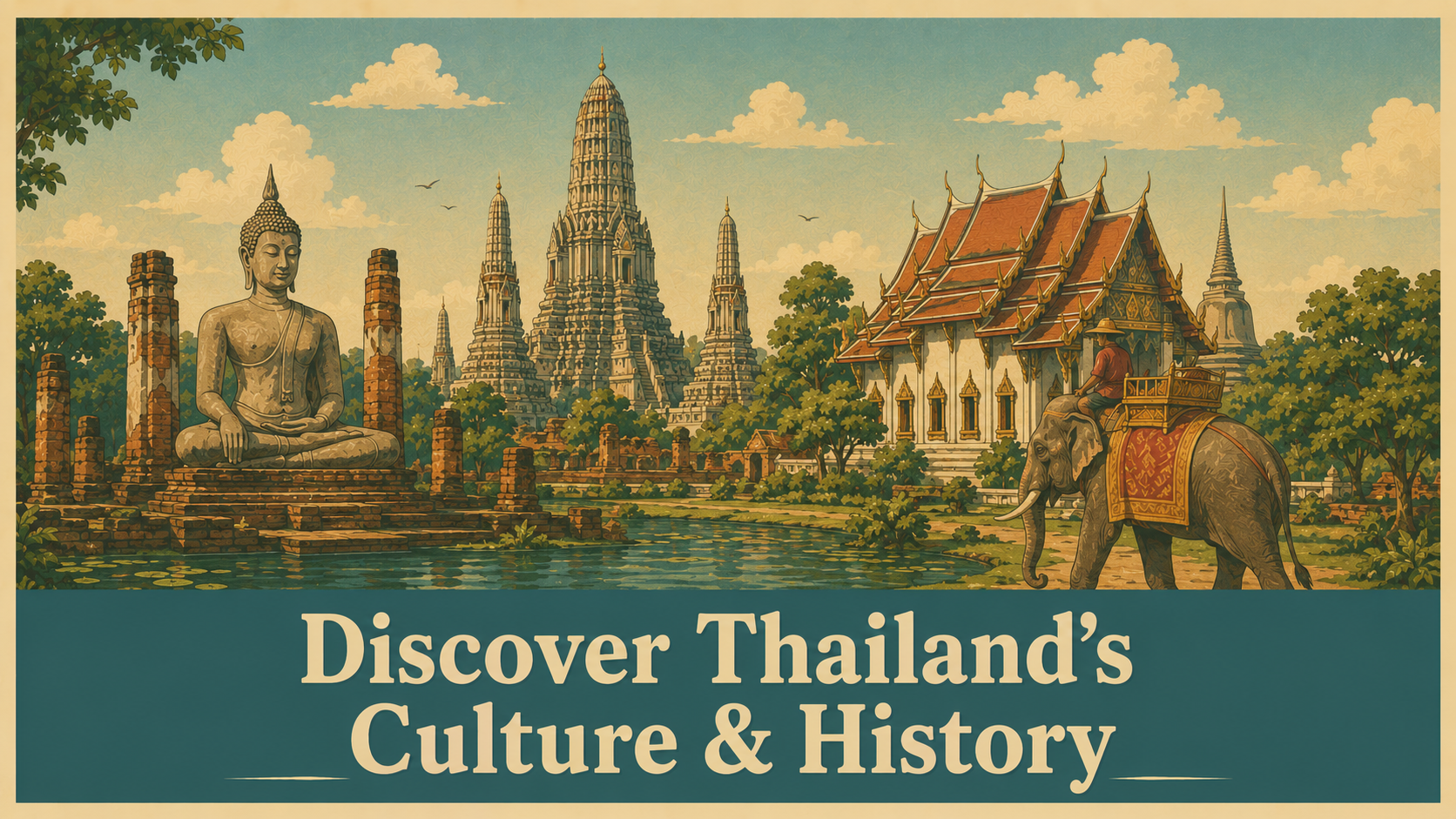 Illustration of Thai temples and historic landmarks representing Thailand's rich culture, heritage