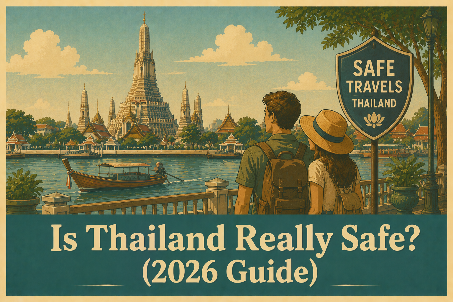 Thailand travel safety guide featuring tourists, temples, beaches, and safe travel tips in 2026