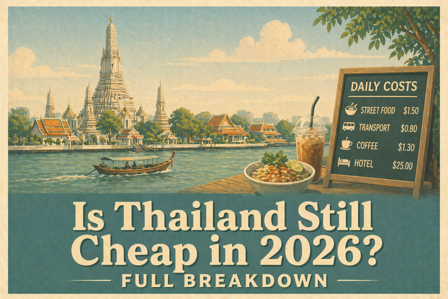 Cute 2D illustration showing cost of living in Thailand 2026 including accommodation, food, transpor